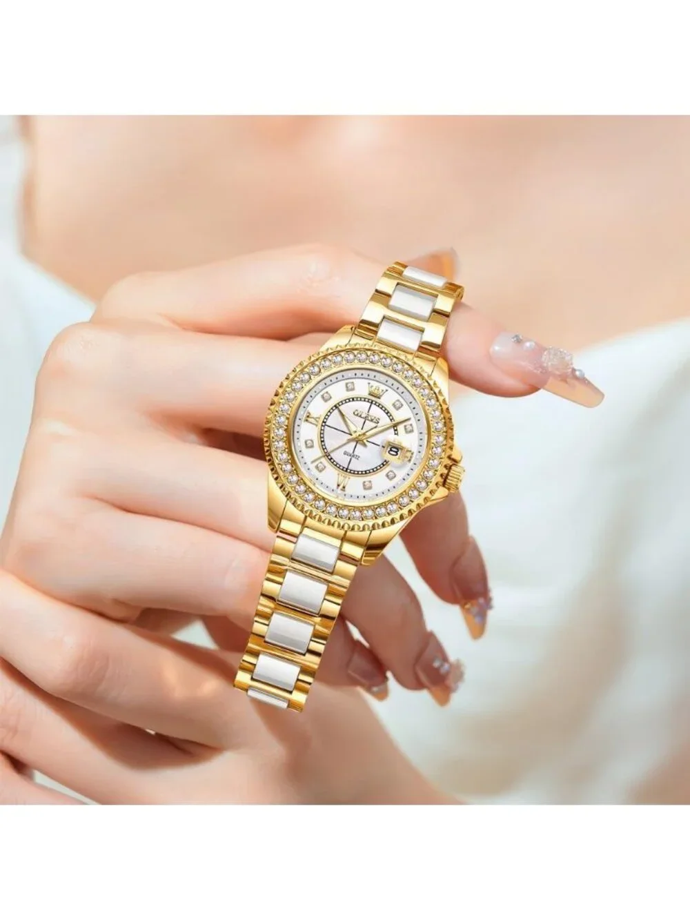 Women's Gold White Dial Fashion Stainless Steel Waterproof Date Wrist Watches